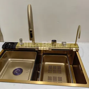 2024 Tiktok Gold 304 Acero inoxidable Llave de piano multifuncional Pantalla digital Dos cascada Grifo extraíble Fregadero de cocina