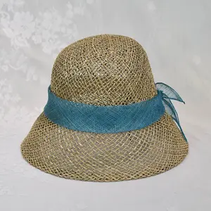 Chapéu de proteção uv, moda chique mulheres seagrases grama grande sinamay flor proteção uv chapéu de sol kentucky derby igreja chapéu de festa de casamento