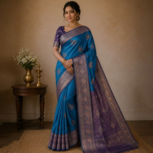 Sari en soie bleue de créateur exclusif avec broderie paon et bordure dorée, traditionnel pour les mariages, les fêtes et les festivals, pour femmes - Product Image 1