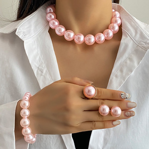 Collar de joyería para mujer, conjunto de joyería de boda para mujer, collar de perlas de imitación, pulsera, pendiente, anillo con cuentas, accesorio de moda - Product Image 3
