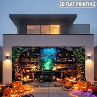 Spanduk Kain Tekstil Datar 2D 1 Buah Cetak Digital Halloween Pemandangan Jendela Garasi Berhantu Labu Bercahaya Tengkorak Gotik