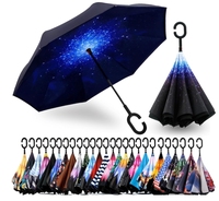 Parapluie Inversé Créatif à Long Manche et Motifs, Mains Libres en Forme de C pour Voiture, Double Couche, Vente en Gros, Personnalisable pour Publicité