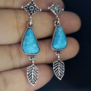 Orecchini Pendenti Vintage con Foglia e Piuma in Turchese, Stile Bohémien, Gioielli Etnici alla Moda per Donne - Product Image 3
