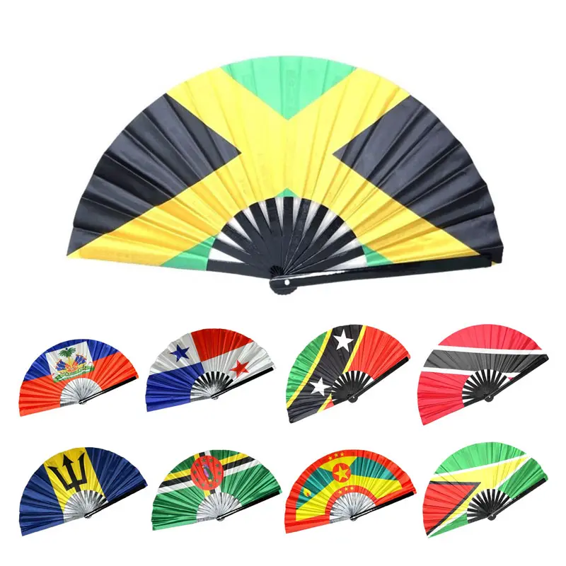 Wholesale National Country Flag Bamboo Folding Hand Fan Jamaica Held Fan for Carnival