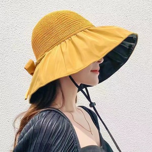 Chapeau de soleil à large bord pour femme, respirant, anti-UV, en paille, pour la plage et l'été, avec protection visage et cou, kaki, rose, bleu marine - Product Image 4