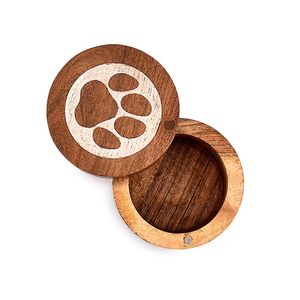 Acacia Wood Decorative Keepsake Box Round Shape White Paws Design Dogs Pet <strong>Urns</strong> for <strong>Cats</strong> - Product Image 3