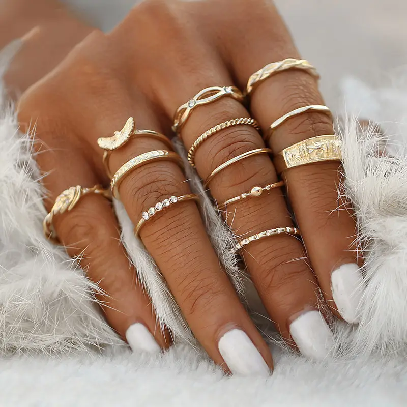 Fashion Cheap vintage diamond zircon gold plated silver ring sets Geometric rings jewelry women ladies jewelry sets