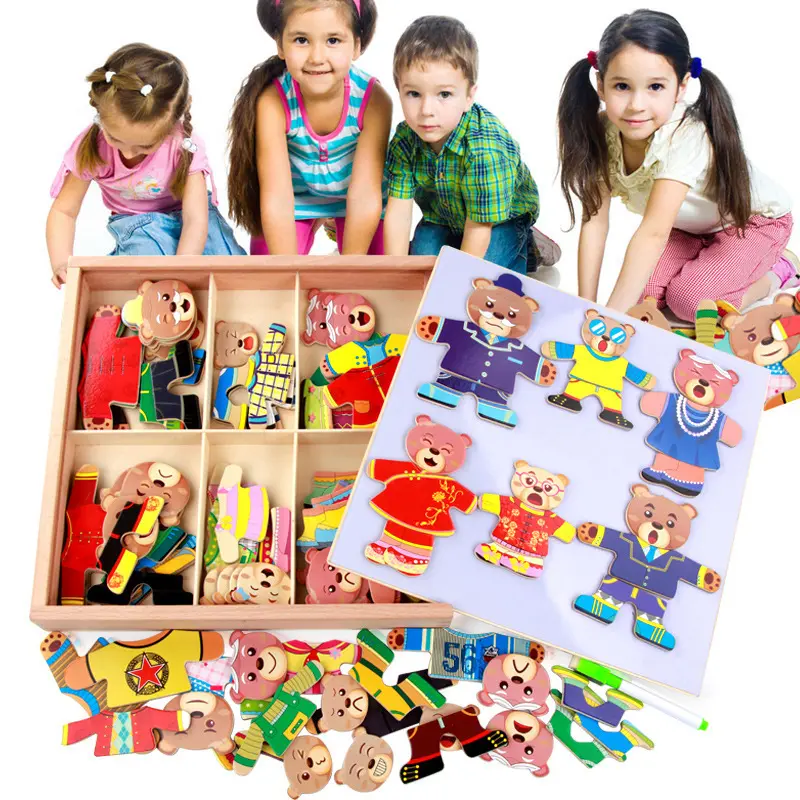 Boneka kayu magnetis, mainan kreatif beruang magnetik dengan kotak penyimpanan