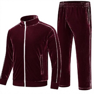 Ensemble de survêtement en velours bordeaux, veste à col montant zippée et pantalon à rayures latérales, tenue deux pièces - Product Image 1
