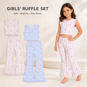 Completo Yoga Estivo per Ragazze, Set 2 Pezzi con Stampa a Righe e Fiocco, Top Senza Maniche con Bordo Smerlato e <span class=keywords><strong>Pantaloni</strong></span> a Zampa - Product Image 1