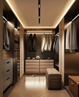 Dressing sur mesure haut de gamme avec bandes lumineuses LED et armoire couleur noyer, mobilier de chambre à coucher