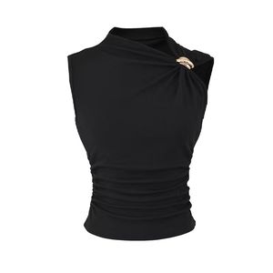 Gilet sans manches asymétrique plissé coupe ajustée couleur unie avec boucle métallique, style européen et américain - Product Image 2