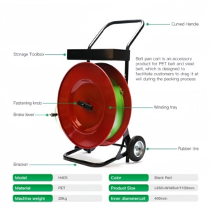 Distributeur de sangles PET H405 Premium sur chariot, support mobile robuste en <span class=keywords><strong>acier</strong></span> pour bobines de cerclage avec plateau de rangement, emballage d'usine - Product Image 4
