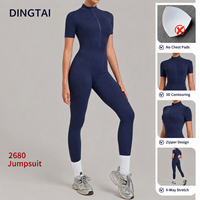 Jumpsuit Yoga Setengah Resleting Wanita Bahan Brushed Unitard Lengan Pendek Pengangkat Bokong Peregangan Empat Arah Panjang Penuh Pakaian Olahraga Gym