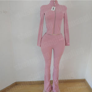 Setelan Olahraga Wanita Berkualitas Tinggi 2 Potong Jaket Resleting Penuh Kustom Dengan Celana Melebar Setelan Yoga Wanita Pakaian Santai Wanita - Product Image 5