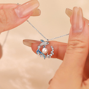 S925 <b>Sterling</b> <b>Silver</b> Dolphin <b>Pearl</b> Zircon <b>Necklace</b> Cold Tone Atmosphere Niche Exquisite Ladies Temperament Clavicle Chain - Product Image 5