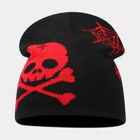 Bonnet Halloween en tricot jacquard à motif Tête de mort et os croisés, style décontracté, toile d'araignée, blanc et noir, style gothique urbain, unisexe, extensible