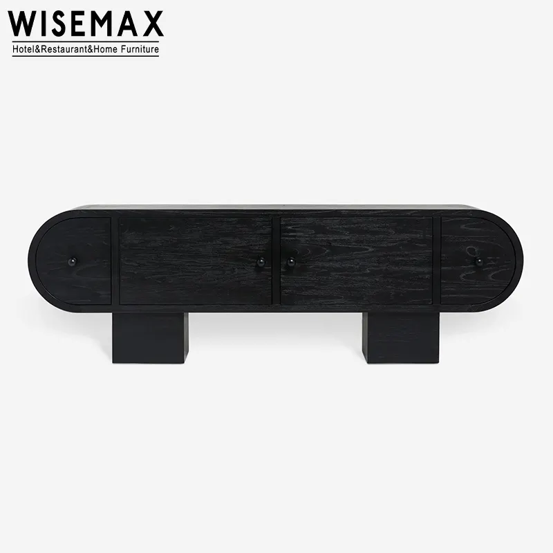 WISEMAX furnitur Nordik minimalis hitam kayu ek padat TV berdiri dengan 4-laci ruang tamu konsol kabinet