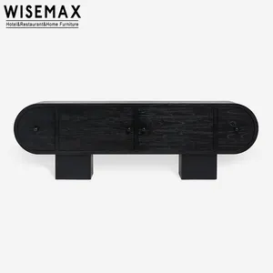 WISEMAX FURNITURE北欧ミニマリストブラックソリッドオークウッドTVスタンド、4段引き出しリビングルームコンソールキャビネット付き