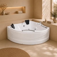 Baignoire d'angle à remous 1500 mm en acrylique, baignoire de massage pour deux personnes avec main courante chromée et douchette pour salle de bain d'hôtel