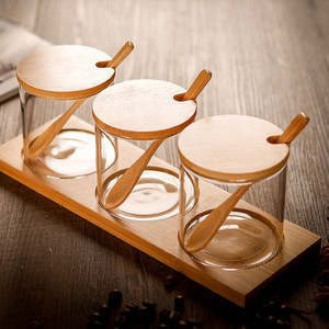 Ensemble de pots à épices 3 pièces en verre avec couvercle et cuillère en bambou pour assaisonnements solides, rangement de cuisine - Product Image 1