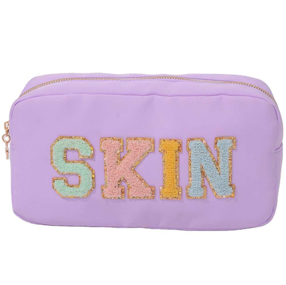 Stock SKIN ciniglia ricamo lettere borsa da toilette di qualità lilla colori vivaci moda donna ragazze borsa cosmetica in Nylon spesso