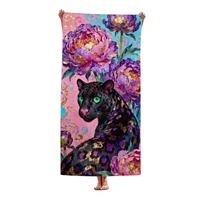 Ölgemälde-Stil Schwarzer Panther Lila Pfingstrose Mikrofaser Individuell Bedrucktes Schnelltrocknendes Luxus-Großes Strandtuch für Urlaub und Pool