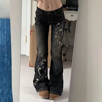 Pantalon droit vintage pour femme, broderie de fleurs, lavage à l'eau, jean skinny