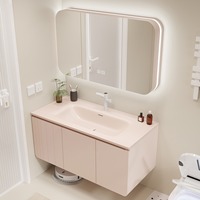 Meuble-lavabo mural rose avec miroir LED et armoire, lavabo cannelé, ensemble de meuble flottant pour petite salle de bain