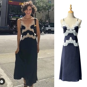 Vestido de satén de seda con encaje francés exquisito para mujer, elegante, de lujo, con cuello en V, estilo vintage, hasta la rodilla, natural, para verano. - Product Image 1