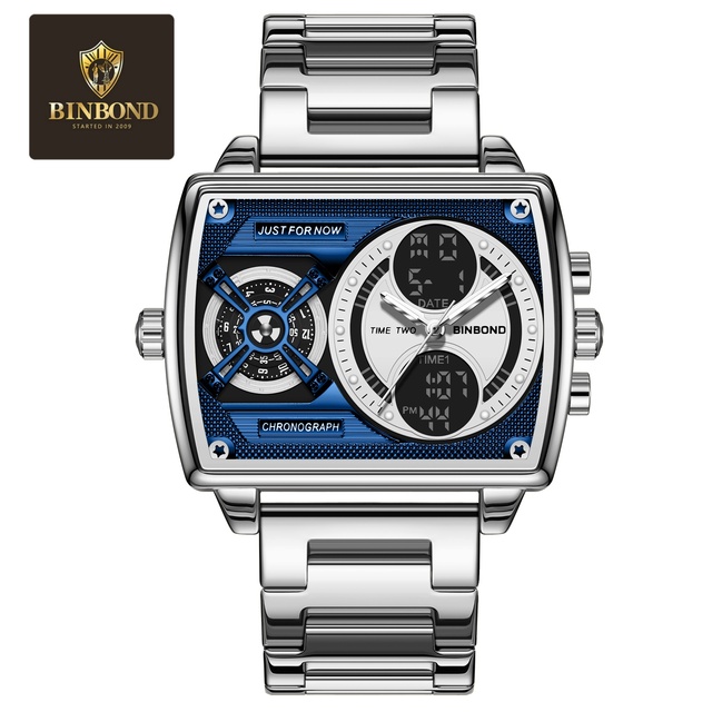 BINBOND D108 New Fashion Cool Rectangle Watch for Men Multi-functional Chronograph Dual Time Digital Male Watch Gift Waterproof