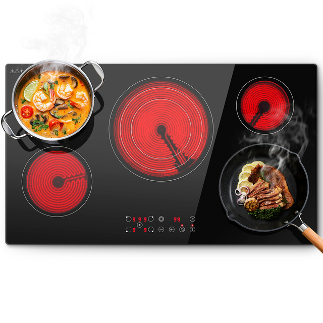 36 Inch Electric Cooktop,5 Burners 9000W Built-in Glass Ceramic Electric Stove Top W/Touch Control,9 Power Levels CHA90H365