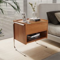Table de chevet nordique flottante en forme de C, avec pied métallique, Table de nuit en bois