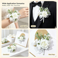 Boutonniere Bunga Mawar Putih Real Touch Berhias Mutiara dan Daun Hijau, Pita Satin, Ikat Tangan, untuk Pengiring Pria (Groomsmen) di Pesta Pernikahan