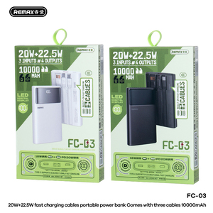 Batería Externa Portátil REMAX FC-03 de 10000mAh con Carga Rápida PD de 20W y 22.5W, 4 Salidas y 3 Entradas, con 3 Cables Integrados - Product Image 2