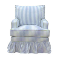 Fauteuil d'appoint pivotant de style rétro français, bleu et blanc rayé, avec garniture à franges, pour salon ou chambre à coucher