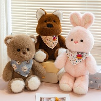 Boneka Hewan Bulu Halus Beruang Anjing Kelinci dengan Bandana, Boneka Hewan Lucu Kartun untuk Hadiah Ulang Tahun Anak