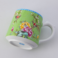 Tasse en céramique vert émeraude avec couvercle, motif traditionnel chinois de fleurs et d'oiseaux, tasse à thé en porcelaine, vaisselle