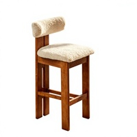 Tabourets de bar vintage français en bois massif avec assise en laine sherpa et repose-pieds rembourrés, sans accoudoirs, pour îlot de cuisine, comptoir, maison, café, mobilier