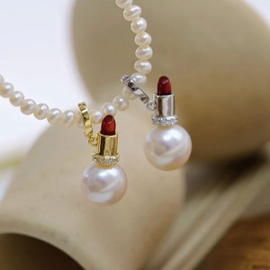 S925 Silver DIY Pearl Accessory Pendant 9-12mm Round Beads 31091 Empty Stand <b>Lipstick</b> Necklace Fashion Pendant Necklaces - Product Image 3