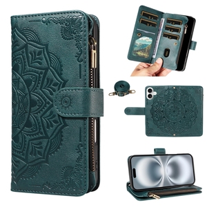 Funda de cuero tipo bandolera con cremallera para <span class=keywords><strong>iPhone</strong></span> 15 <span class=keywords><strong>Plus</strong></span>/16/14 Pro/13/12/11, con estampado de flor mandala. - Product Image 5