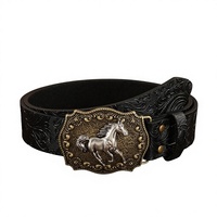 Ceinture américaine en cuir PU à motif herbe Tang, tête de cheval et tête de veau embossées, boucle lisse en alliage, longueur réglable