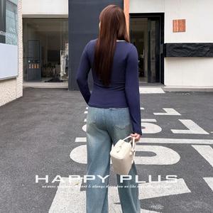 Happy Plus Solid Color Long Sleeve T-Shirt Navy Blue Gray Medium Thickness With Label Plus Size Women's Top - Product Image 1