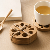 Sous-verre en bois massif motif racine de lotus, isolant thermique pour tasses de thé et de café, idéal pour table à manger et décoration intérieure (lot)