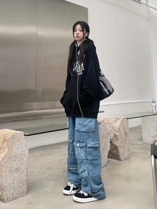 Jeans Casual estivi da donna <span class=keywords><strong>pantaloni</strong></span> Cargo in Denim di colore chiaro <span class=keywords><strong>con</strong></span> ampia tasca e cerniera <span class=keywords><strong>pantaloni</strong></span> <span class=keywords><strong>lunghi</strong></span> - Product Image 5