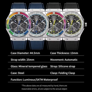 Montres PINDU, montre mécanique de luxe de haute qualité avec diamants colorés, pour hommes, résistante à l'eau 5BAR, bracelet en acier inoxydable et silicone - Product Image 6