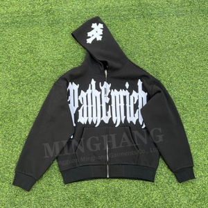 Fabbrica <span class=keywords><strong>di</strong></span> Streetwear personalizza la tua <span class=keywords><strong>marca</strong></span> <span class=keywords><strong>di</strong></span> abbigliamento OEM ODM ricamo Applique Patch <span class=keywords><strong>nera</strong></span> con cappuccio con Zip - Product Image 2