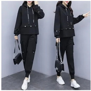 Women <b>Tracksuit</b> Set Black Plus Size Hooded Casual Sporty Loose Fit Two Piece Suit <b>Polyester</b> Fabric - Product Image 4