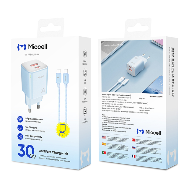 Cargador GaN 30W Rapido Miccell Con USB-C/A Dual, QC PD Para IPhone, Viajes, Estudiantes Y Exterior