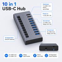 Hub USB C 10 en 1 con 10 Puertos, Divisor Múltiple de Aluminio con 10 Interruptores Individuales, Adaptador de Corriente de 20V 3A, 95W PD